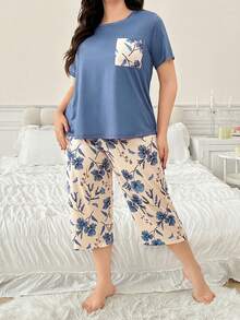 SHEIN Plus Size Purple Floral Print Pocket Floral Plus Size Pijamas For Women Plus Size Pyjama Set Plus Size Pjamas Set For Women Curve PJSs For Women - Blue - View 5