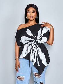 SOLERSUN Plus Size Women Summer Black And White Elegant Blouse, Autumn Loose-Fitting One-Shoulder Casual Top Asymmetrical Hem And Drawstring Tie-Waist - Black and White - View 5