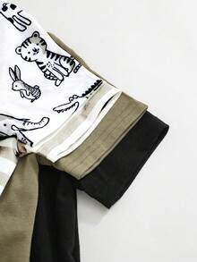 4件套婴儿男女宝宝可爱针织卡通长颈鹿、兔子、老虎、鳄鱼图案弹力条纹短袖连体衣基础款套装 - 彩色 - 查看 4