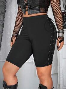 Whyspr Quần short nữ cỡ lớn phong cách Punk phối nhiều mảnh, đính khuy và dây buộc. - màu đen - Xem 5