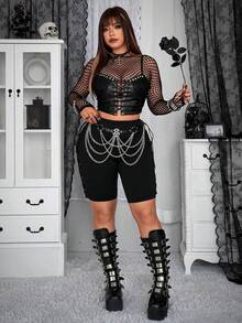 Whyspr Quần short nữ cỡ lớn phong cách Punk phối nhiều mảnh, đính khuy và dây buộc. - màu đen - Xem 6