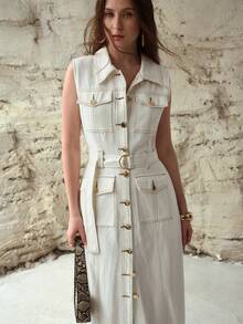 MOTF PREMIUM BELTED BUTTON UP DENIM DRESS - White - View 4
