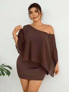 Lounesse Đầm ngắn trễ vai màu trơn thời trang dành cho nữ cỡ lớn - màu nâu - Xem 5