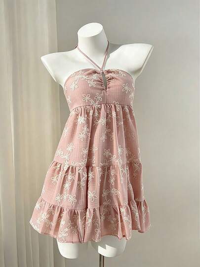 Elamini 女士粉色刺绣系带吊带连衣裙，休闲性感海滩度假风，适合春夏穿着