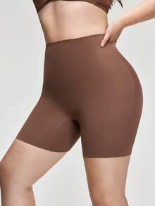 SHAPORA Plus Size Women High Waist Solid Color Shapewear Shorts - Brown - View 4