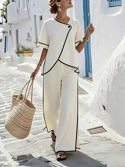 Breezaya Beżowy komplet z krótkim rękawem i skośnym kołnierzykiem, czarne wykończenie / Luźne spodnie z szerokimi nogawkami w stylu dojazdów do pracy, elegancki, 2-częściowy komplet