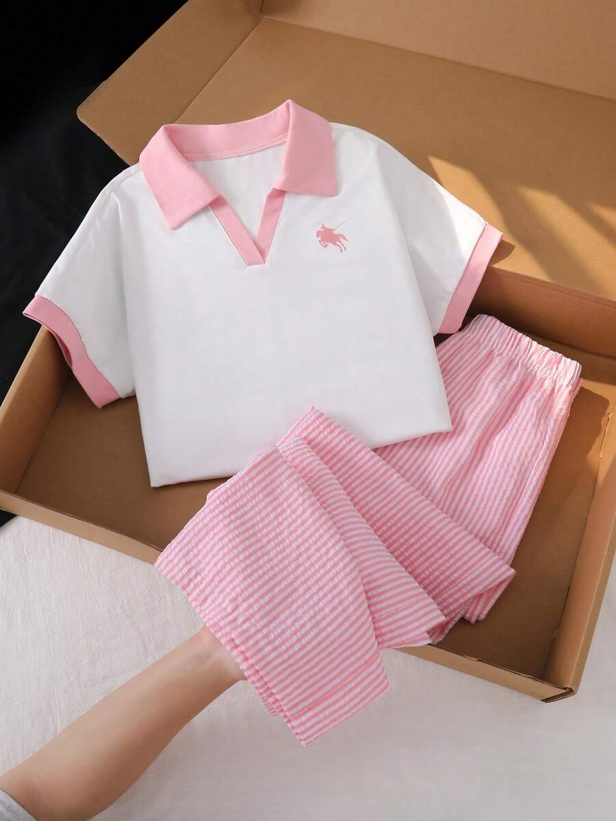 Bộ đồ thường ngày đa năng cho bé gái tuổi teen, màu đen trắng phối viền tương phản, gồm áo thun cổ tròn tay raglan và quần dài ống đứng bằng vải dệt kim. - Hồng - Xem 1