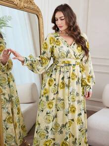 Modelyn 印花V领长袖收腰A字型长连衣裙，大码，春秋季 - 彩色 - 查看 5