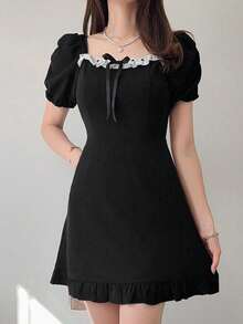 FRIFUL 女士方领蕾丝拼接蝴蝶结腰带A字长连衣裙，甜美夏日风连衣裙 - 黑色 - 查看 1