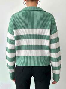 EURMUSE Striped Pattern Drop Shoulder Sweater - Mint Green - View 2