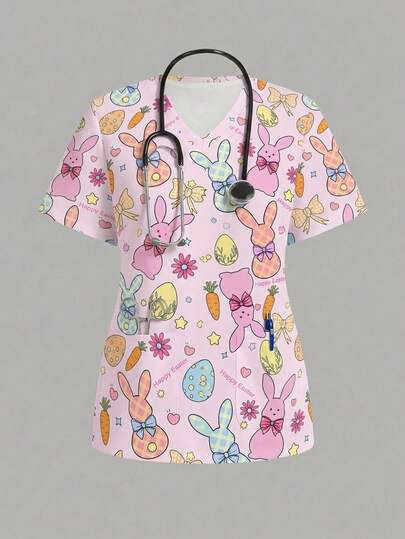 PopScrub Easter Cartoon Print Scrub Uniform Top