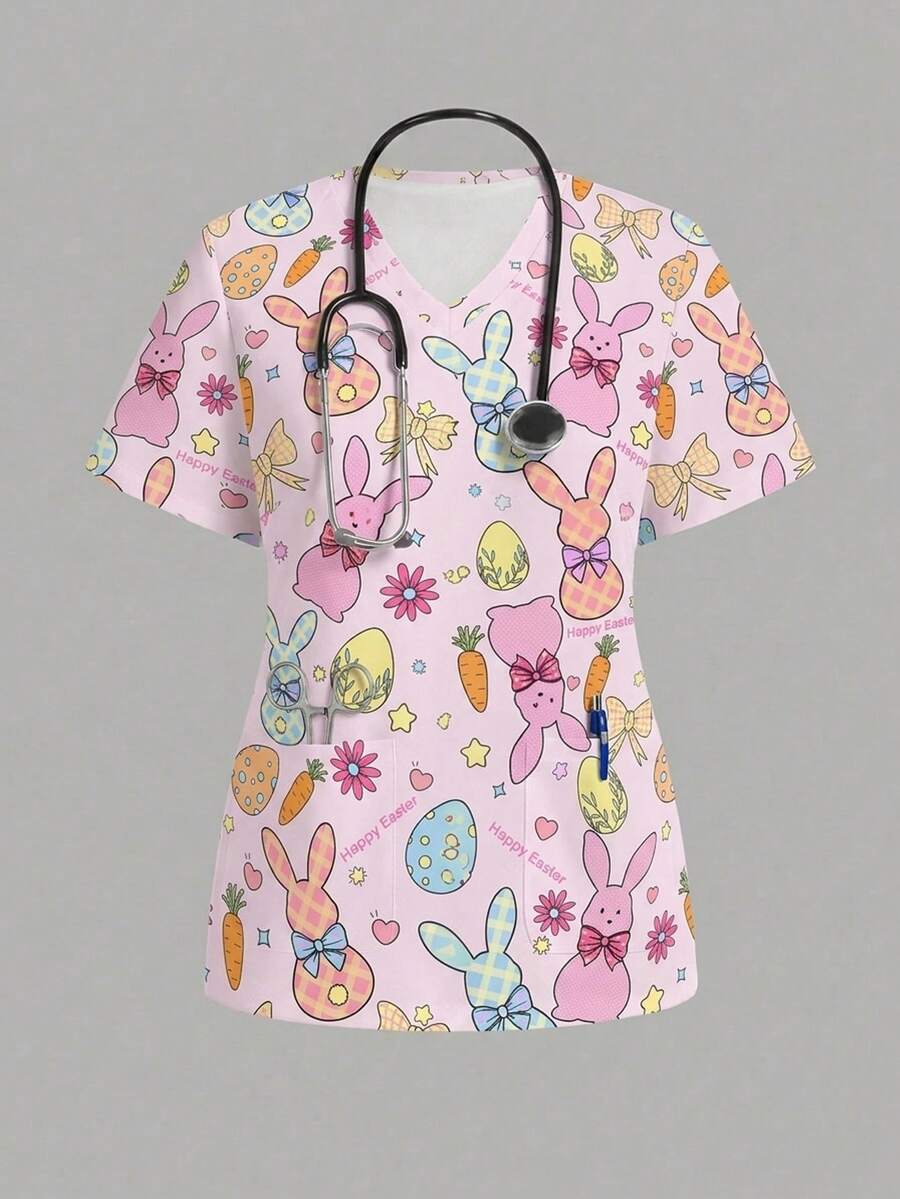 PopScrub Easter Cartoon Print Scrub Uniform Top - Multicolor - View 1