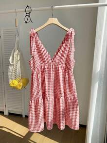 SHEIN EZwear 女士休闲度假V领红白格子系腰带加大码连衣裙 - 紅白色 - 查看 2