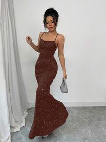 Selianne Đầm dự tiệc lấp lánh, thiết kế buộc dây, dành cho nữ. - Cà phê - Xem 3