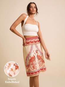 LOTSLUV 女士杏色和橙色半身裙，饰有心形和孔雀图案、刺绣和串珠装饰，适合春夏穿着。 - 橘色 - 查看 1