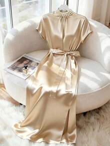 SHEIN LUNE Vestido de satén con cuello redondo, medio cuello, decorado con perlas, mangas cortas, cintura suelta con lazo, vestido de verano, ropa de verano para mujer, vestido de verano para mujer, de estilo elegante y casual, color melocotón - Albaricoque - Ver 3