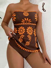 SHEIN Swim 两件套女士高弹绿色印花比基尼套装，包含印花抹胸上衣和纯色三角泳裤，优雅比基尼套装，适合春夏海滩派对 - 彩色 - 查看 1