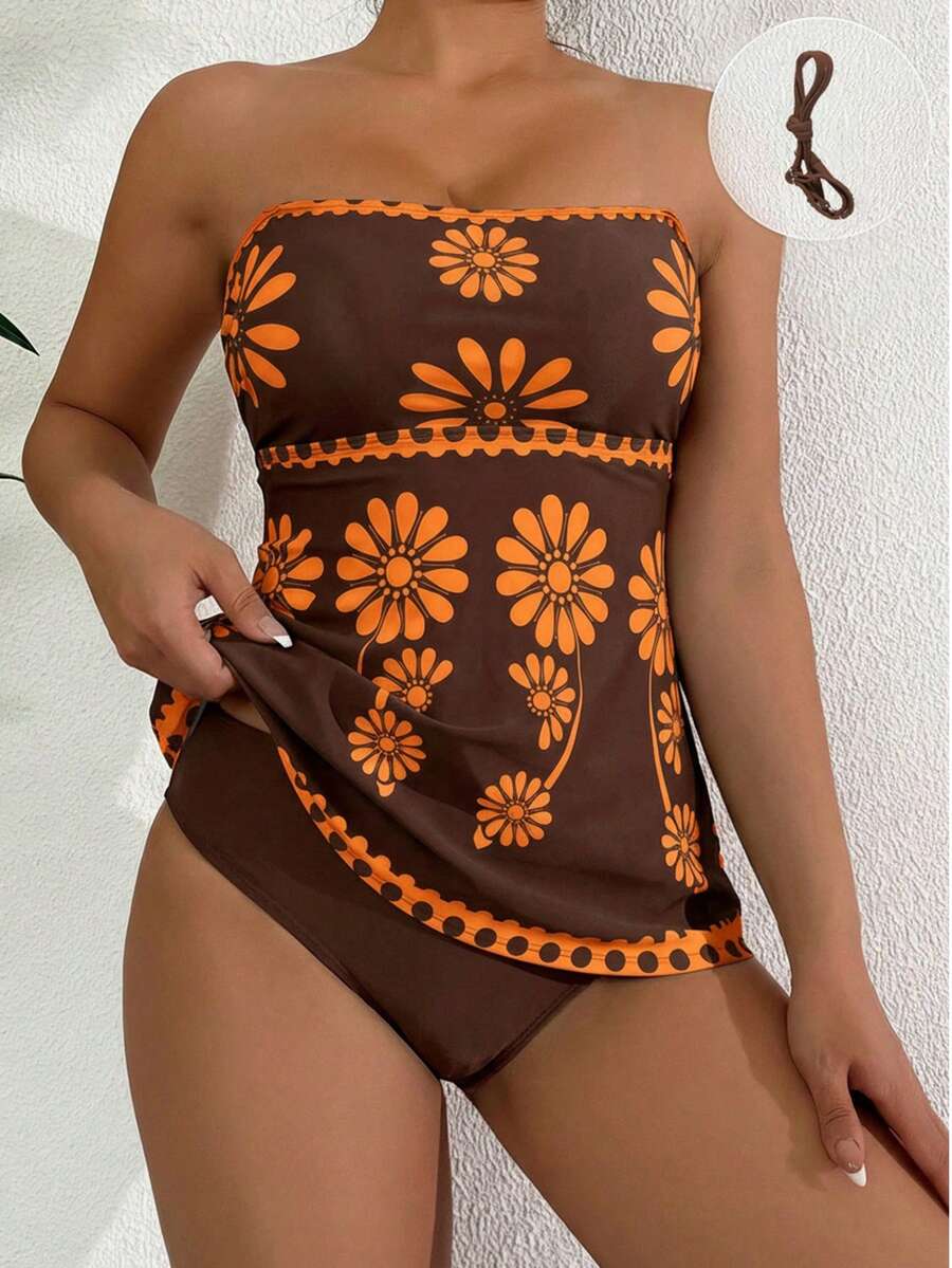 SHEIN Swim 两件套女士高弹绿色印花比基尼套装，包含印花抹胸上衣和纯色三角泳裤，优雅比基尼套装，适合春夏海滩派对 - 彩色 - 查看 1