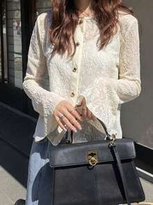 FRIFUL Women's Round Neck Lace Fabric Fitted Flare Sleeve Solid Color Casual T-Shirt - Apricot - View 4