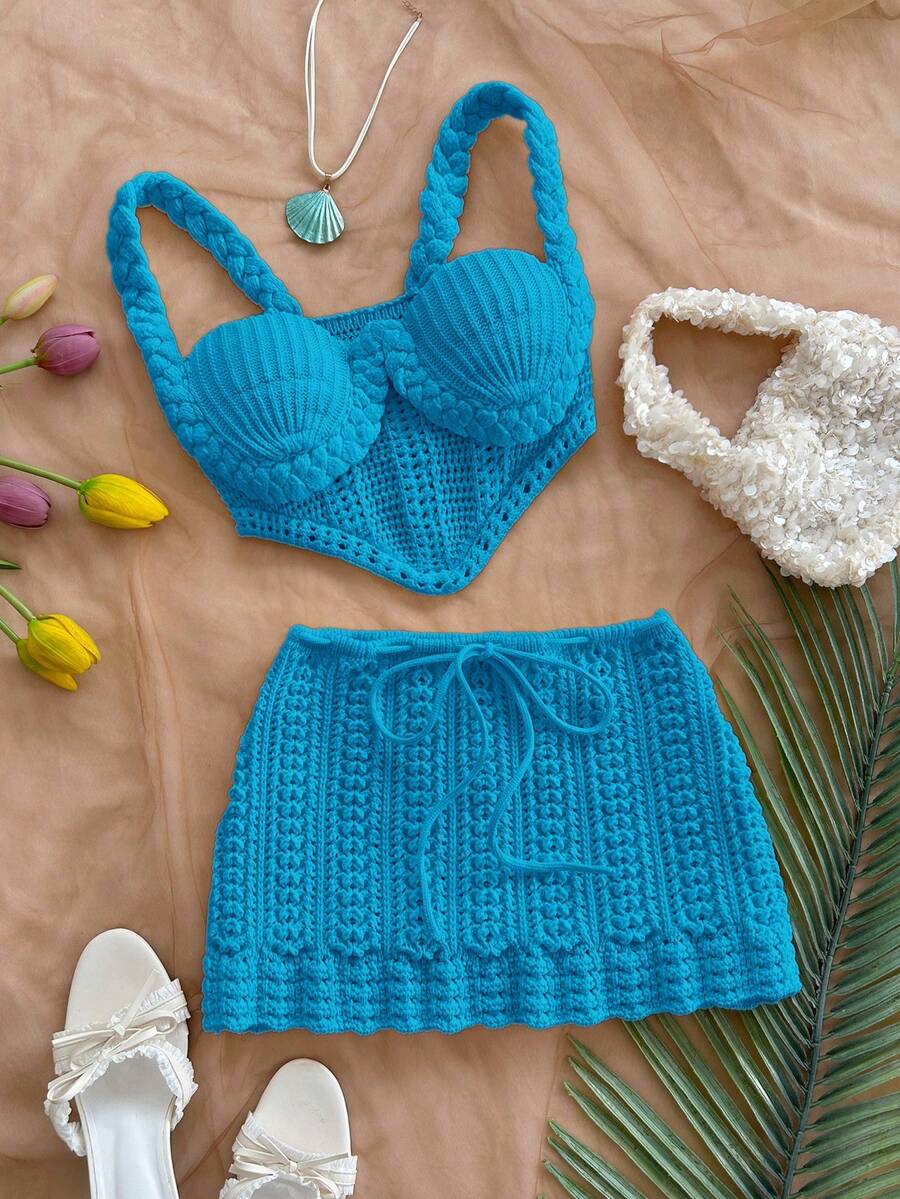 Soleia Bộ đồ 2 món gồm áo croptop hai dây gợi cảm và chân váy cạp thấp, thích hợp cho các lễ hội âm nhạc, phong cách bohemian, hẹn hò ngày lễ, tiệc trà chiều. - Xanh đậm - Xem 1