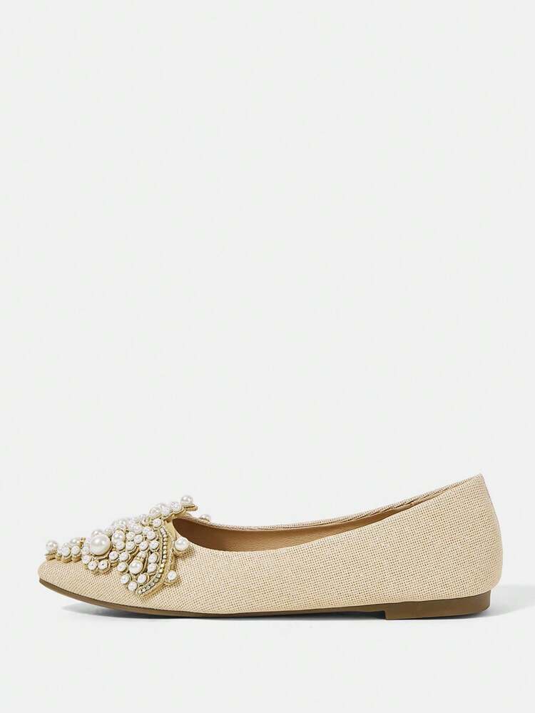 CUCCOO HITCHD Women Shoes25 Spring And Summer New Three-Dimensional Pearl Tip Romantic Elegance Temperament Flat Shoes Temperament Bridal Wedding Shoes Wear