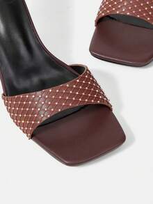 CUCCOO HITCHD Giày sandal cao gót nữ, sandal gót nhọn màu nâu dệt đính kim cương, sandal bít mũi vuông kiểu Pháp thanh lịch, giày dự tiệc, hẹn hò, hàng ngày đa năng. - màu nâu - Xem 4