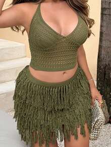 Maria Perezxox 女式 V 领露背短款上衣和流苏下摆迷你裙 2 件套，适合派对、圣诞节、约会之夜、夜总会、波西米亚风、波西米亚风、度假、秋季 - 軍綠色 - 查看 6