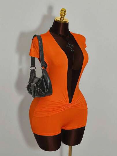 Amplova Deep Draped Neck Twist Front Jumpsuit With Ruched Sleeves