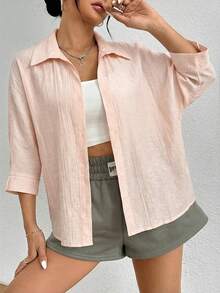 SHEIN PETITE Kemeja Lengan Panjang Minimalis Warna Polos untuk Wanita, Pakaian Kasual - Baby Pink - View 4