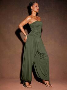 Hauture Women's Sexy Summer Vacay Jersey Sleeveless Side Ruched And Drawstring Hem Jumpsuit - Army Green - View 3
