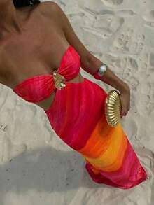 Aloruh 女士扎染印花金属装饰镂空连衣裙，适合度假、夏季穿着，是夏季沙滩装、波西米亚热带风情度假女装、碎花连衣裙、性感夏季装扮、沙滩装扮和夏季时尚女装的理想之选。 - 淡黃色 - 查看 7