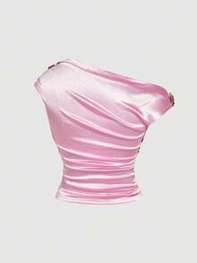 SHEIN MOD Plus Size Oblique Shoulder Ruched Decorative Button Fitted T-Shirt,Pink,Summer,Elegant,Holiday,Party,Designer Blouses For Women,Top For Ladies,Y2k - Pink - View 4