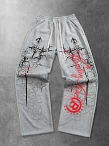 ROMWE MEN Goth Quần nỉ nam in họa tiết kiểu dáng thường ngày - Xám - Xem 3