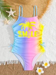 Áo tắm liền thân kiểu tank top cho bé gái 8-12 tuổi, họa tiết cây cọ nhuộm màu neon, hình mặt cười, có dây đeo điều chỉnh được, xếp ly hai bên. - Nhiều màu - Xem 3