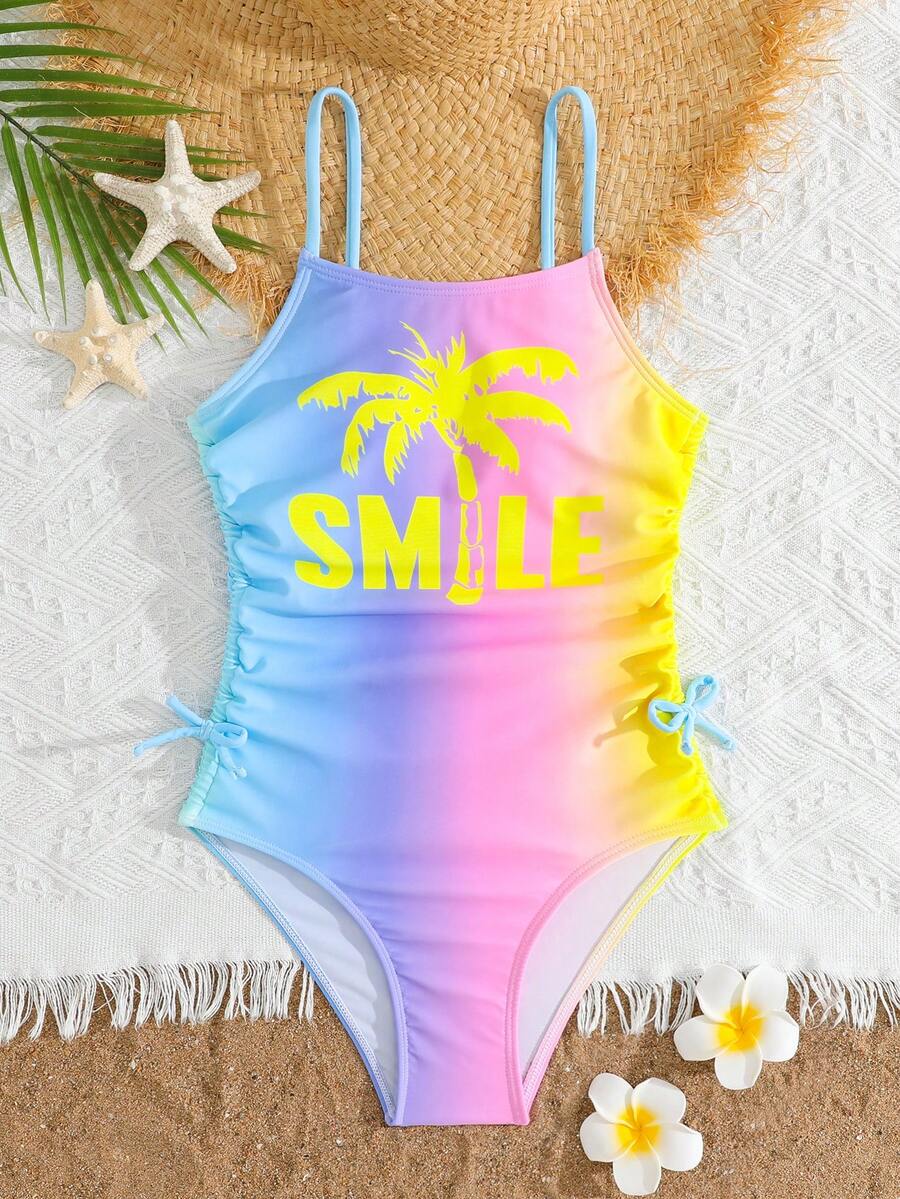 Girls 8-12 Years Tank One-Piece Swimsuit, Neon Tie-Dye Palm Tree Smile Print Bathing Suit, Ruched Side Adjustable Straps Swimwear Swim Suit For Girls One Piece Swimsuit For Kid Tween Bathing Suits One Piece Swim Suit For Tweens Bathing Suits For Teens Full Coverage - Multicolor - View 1
