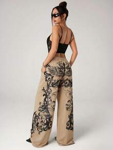 SHEIN ICON Punk Positioning Print Oversized Casual Low-Waist Pants - Khaki - View 3