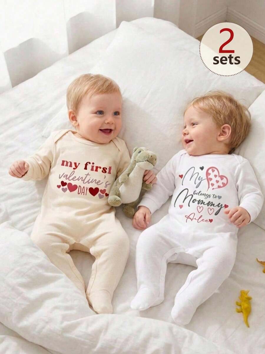 2pcs/Set "Love Mommy" Print Long Sleeve Newborn Baby Footie Rompers, Soft & Comfortable Fabric, Cute & Lively Look, Embracing Feeling Like Mom - Multicolor - View 1
