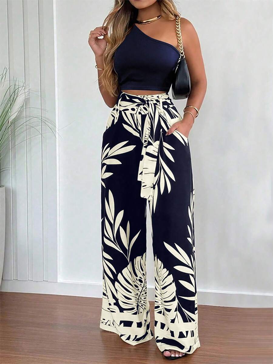 Silhoulove 2 件套女士套装：合身单肩上衣（腰带）和直筒印花裤 - 寶藍色 - 查看 1
