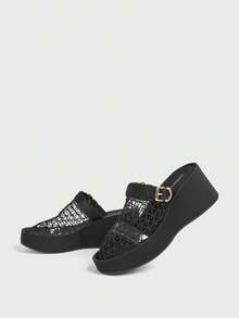 Sugerpunk Women's Mesh Closed Toe Wedge Heel Platform Shoes Daily Dark Academy Platform Shoes Summer Comfortable Black Platform Shoes Summer Shoes - Black - View 4