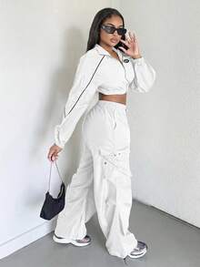 Alexandranx 秋冬字母拼接撞色滚边短款黑色夹克 - 白色 - 查看 4