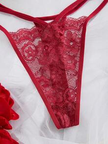 SHEIN Tanga de encaje con diseño floral calado, lencería sexy - Burdeos - Ver 6