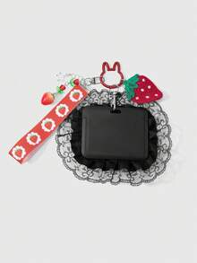 ROMWE Kawaii 1件 Y2K復古時尚紅色樹脂愛心星星鬱金香鉤編模擬草莓印花腕帶蕾絲卡套 DIY鑰匙圈配件包掛飾 - 黑色-4 - 查看 2