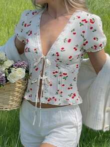 CovetEZ Women's Summer Casual Cherry Print Shirt With Ruffle Hem - White - View 2