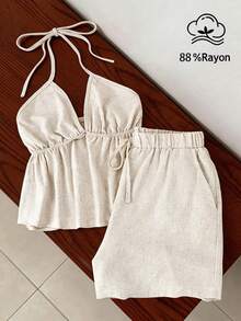 Franclia 2 pièces Ensemble de débardeur et short en lin d'été pour femmes - Nude - Voir 3