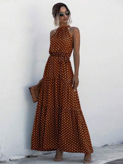 EMERY ROSE Polka Dot Print Ruffle Hem Belted Halter Dress Maxi Women Outfit