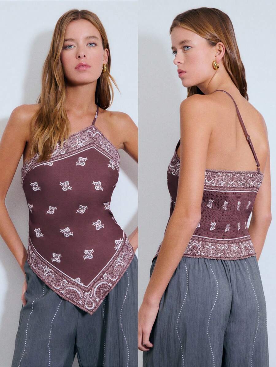 Nöista Asymmetrical Top With A Paisley Print With A Single Thin Strap. Summer Events, Festival, Boho, Spring, Summer. - Brown - View 1