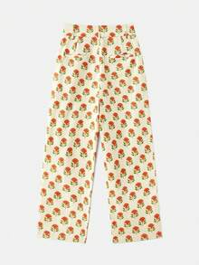 lacRébo High-Waisted Straight-Fit White Pants With Red Geometric Floral Pattern Spring Summer French Style Parisian Style - Multicolor - View 7
