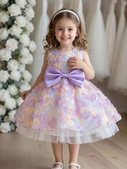 Glamorique Kids Baby Girls' Purple Dress, Colorful 3D Floral Embroidery Sleeveless Dress With Bow Decor, Elegant Luxury Infant Birthday Party Dress, Holiday Dress, Wedding Guest Dress, Sweet Cute Tulle Dress