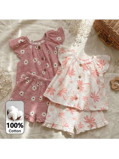 Loomiva 4件套女婴碎花吊带背心和松紧腰短裤套装