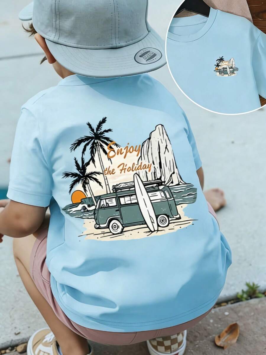 SHEIN Playful Pals Áo thun tay ngắn cổ tròn ôm sát, thoải mái, thời trang, đa năng, sáng tạo, dễ thương dành cho bé trai, in hình bình minh, xe buýt, ván trượt, cây cọ, áo mùa hè cho bé trai. - Màu xanh lam - Xem 1